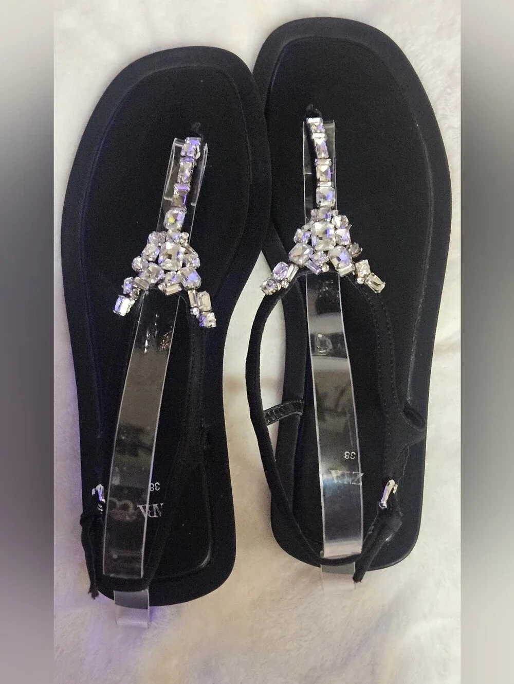 Zara Black Embellished T-Strap Size 38 / 8 Sandals EUC